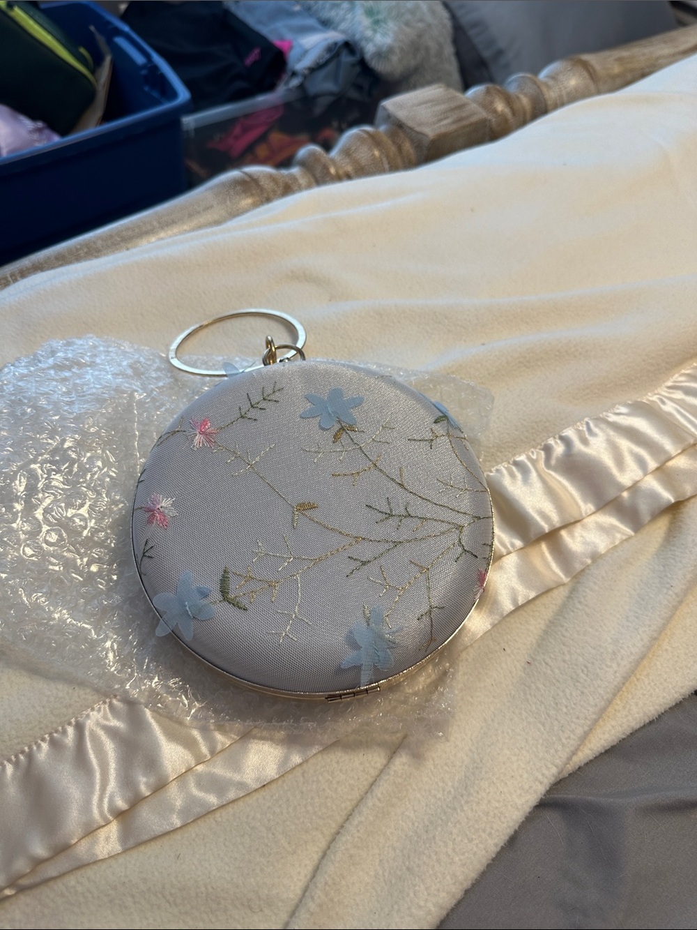 Elegant Floral Embroidered Round purse- Light Blue